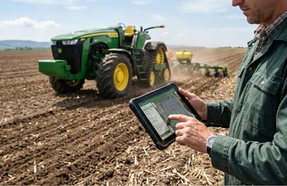 farmer-using-tablet-technology-near-tractor-in-field-photo